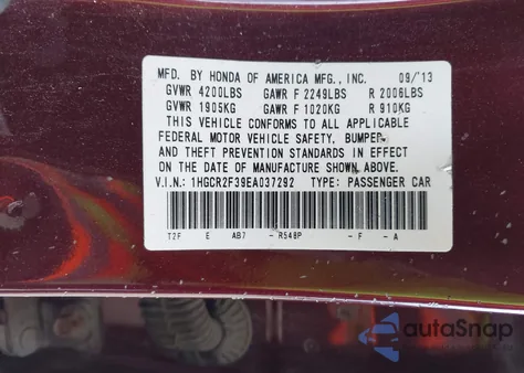 2014 Honda Accord Lx из США, поврежденный, VIN 1HGCR2F39EA037292